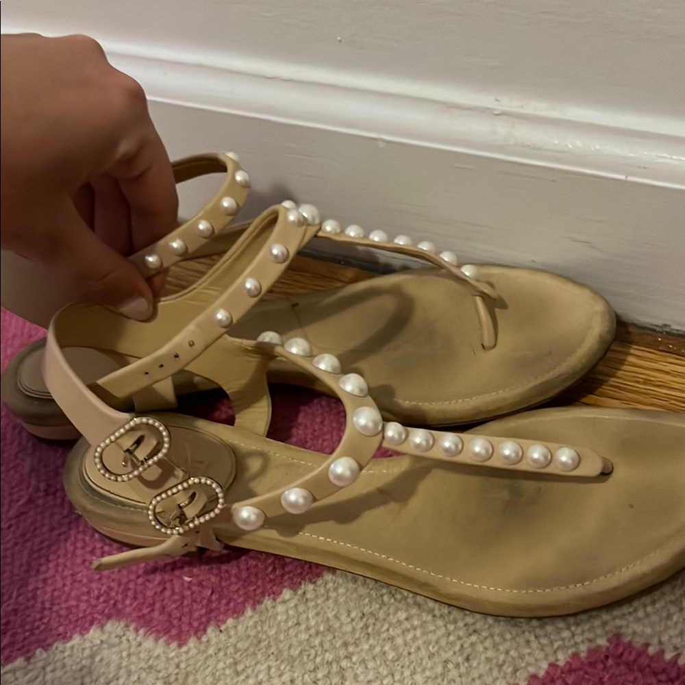 CHANEL Beige Pearl-Embellished Sandals